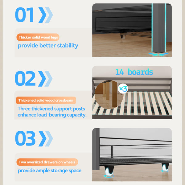 Solid Wood Bunk Bed with Charging Station and LED Lights