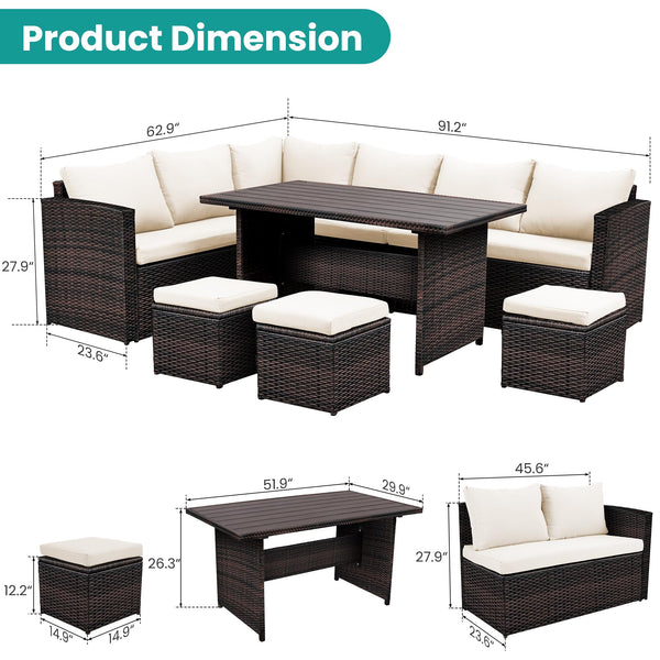 7-Piece Outdoor Wicker Patio Dining Set with Ottoman