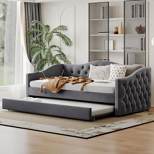 L-Shaped Upholstered Daybed with Trundle, USB Ports & LED Lighting