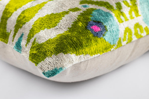 Velvet Silk Ikat Throw Pillow | 16x24" | Green & Blue
