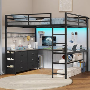 Full Size Loft Bed with U-Shaped Desk, Storage Drawers, LED Lights & Power Outlet