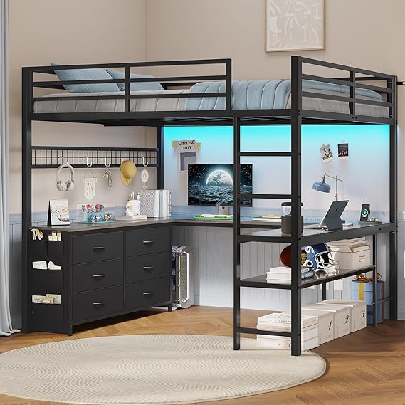 Full Size Loft Bed with U-Shaped Desk, Storage Drawers, LED Lights & Power Outlet
