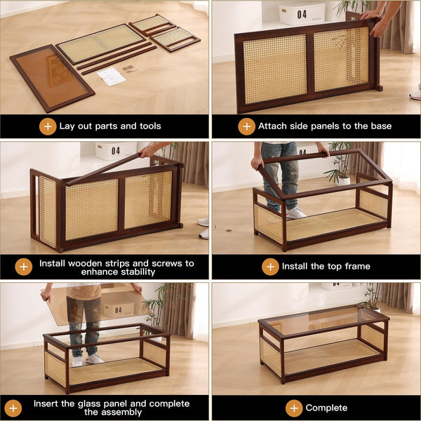 Rattan Glass Coffee Table with Storage Shelf