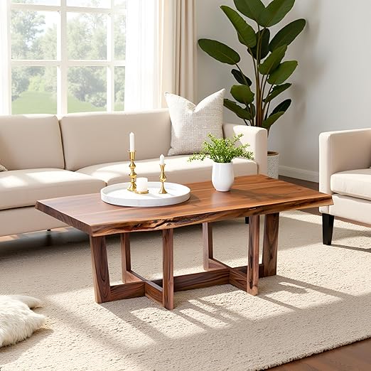 Live Edge Solid Acacia Wood Coffee Table with Natural Finish