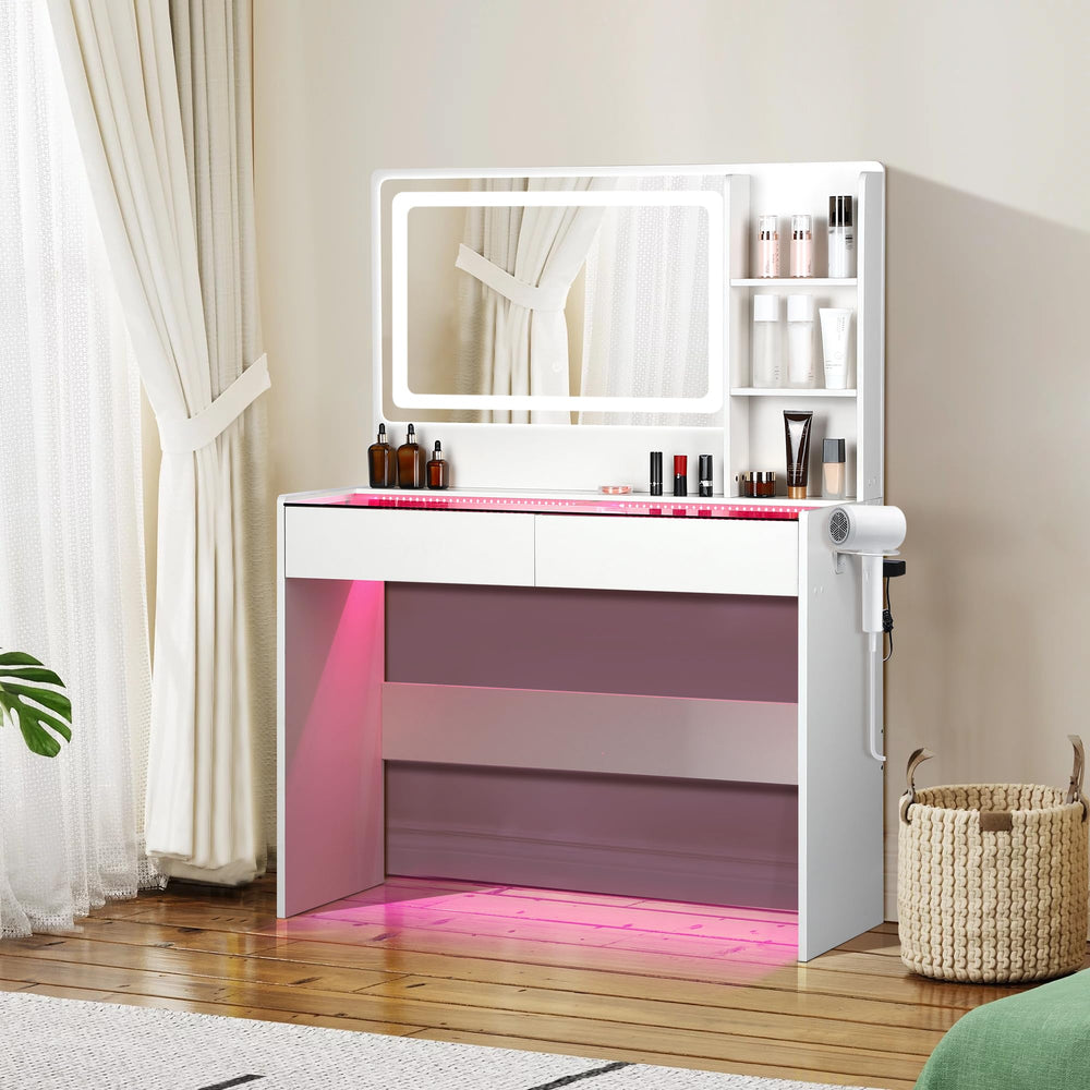 Vanity Desk with Mirror, LED Lights, 2 Drawers & Power Outlet