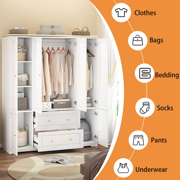 Large Wardrobe Closet with Drawers & Hanging Rod