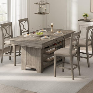 Farmhouse Counter Height Dining Table with Wine Rack & Storage