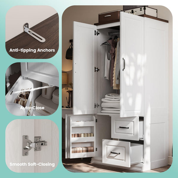 Tall Wardrobe Closet with Drawers & Hanging Rod