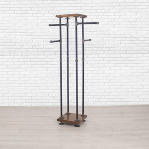Industrial Pipe & Cedar Wood 4-Way Clothing Rack with Shelves