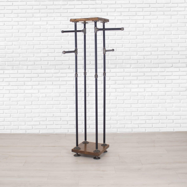 Industrial Pipe & Cedar Wood 4-Way Clothing Rack with Shelves