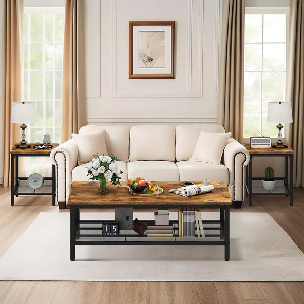3-Piece Coffee Table and End Table Set – Rustic Brown Wood & Metal