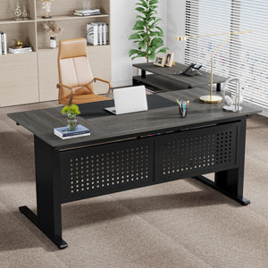 L-Shaped Executive Desk with File Cabinet and Storage Shelves