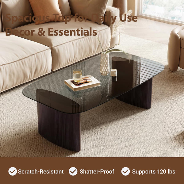 Modern Glass Coffee Table with Wooden Base