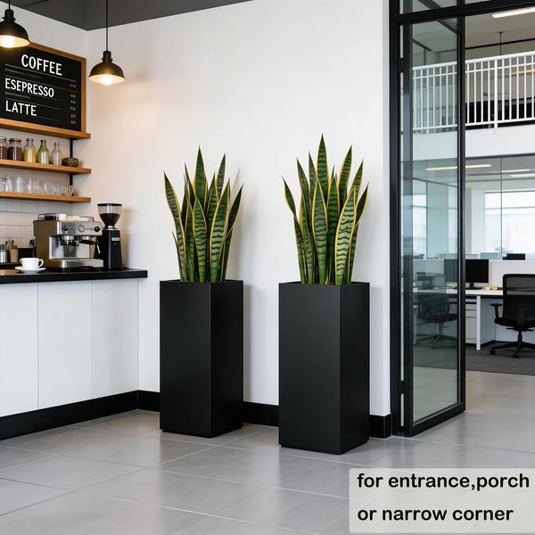 Tall Metal Outdoor Planter with Removable Shelf — 14"L x 14"W x 30"H, Black (Set of 2)