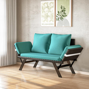 Outdoor Convertible Wicker Loveseat with Adjustable Armrests & Cushions