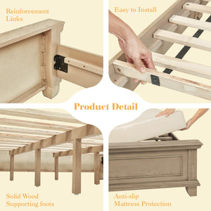 King Bed Frame with Tall Upholstered Headboard – Solid Pine Wood Platform Bed