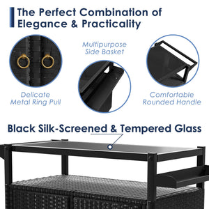 Outdoor Wicker Bar Cart with Cabinet & Tempered Glass Top
