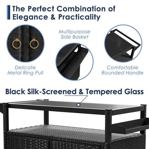 Outdoor Wicker Bar Cart with Cabinet & Tempered Glass Top