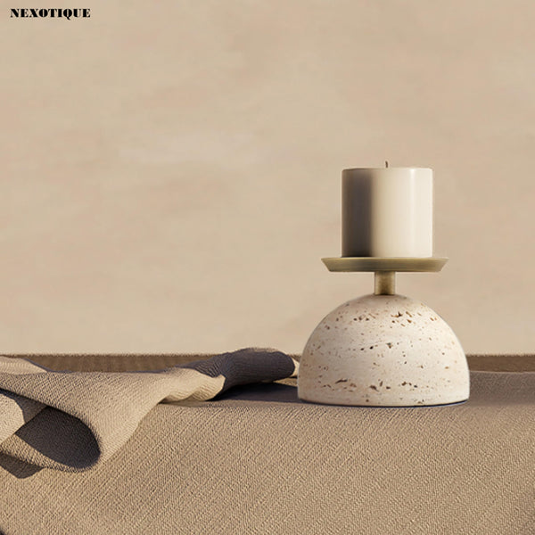 Marble Pillar Candle Holder with Brass Tray – Natural Stone Centerpiece