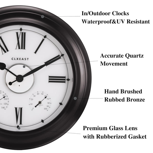 24-Inch Outdoor Wall Clock with Thermometer & Hygrometer – Oil Rubbed Bronze