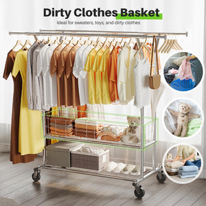 Rolling Garment Rack with Metal Basket & Dual Rod