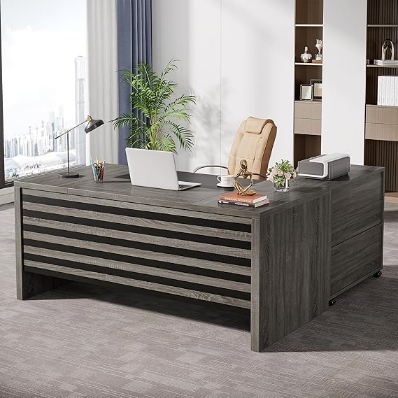 L-Shaped Executive Desk with Mobile File Cabinet