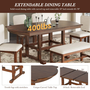6-Piece Extendable Dining Table Set with Bench & 4 Chairs
