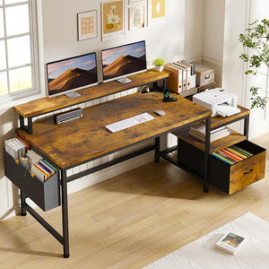 Computer Desk with Monitor Stand, File Drawers & Charging Station