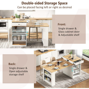Trygoal Kitchen Island with Extendable Dining Table, 59.5" Rolling Kitchen Storage Table with Double-Sided Storage, Power Outlet and 2 Drawers, for Kitchen,Dining Room, White