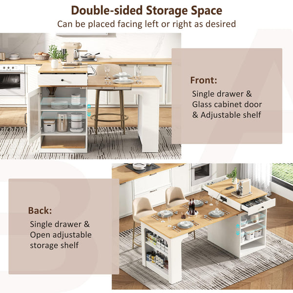 Trygoal Kitchen Island with Extendable Dining Table, 59.5" Rolling Kitchen Storage Table with Double-Sided Storage, Power Outlet and 2 Drawers, for Kitchen,Dining Room, White