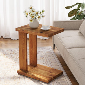 Solid Wood C-Shaped End Table with 2-Tier Storage