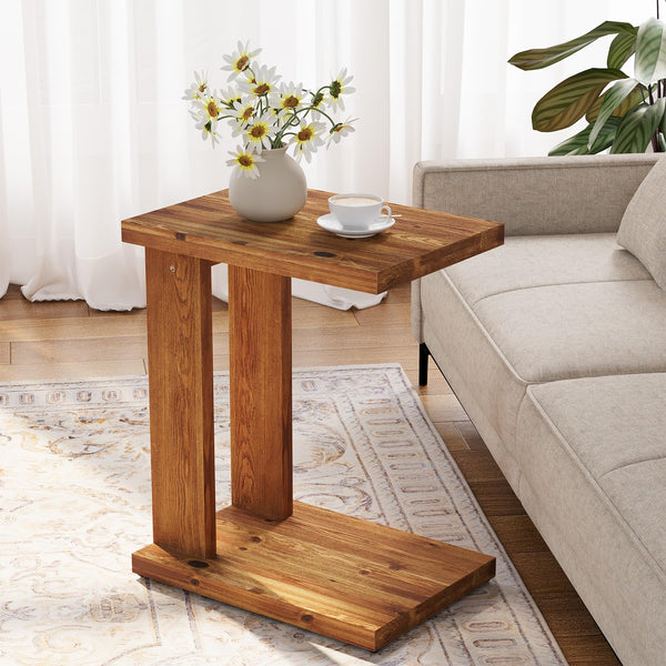 Solid Wood C-Shaped End Table with 2-Tier Storage