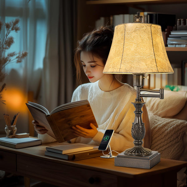 Rustic Swing Arm Table Lamp Set of 2 with USB A+C Ports