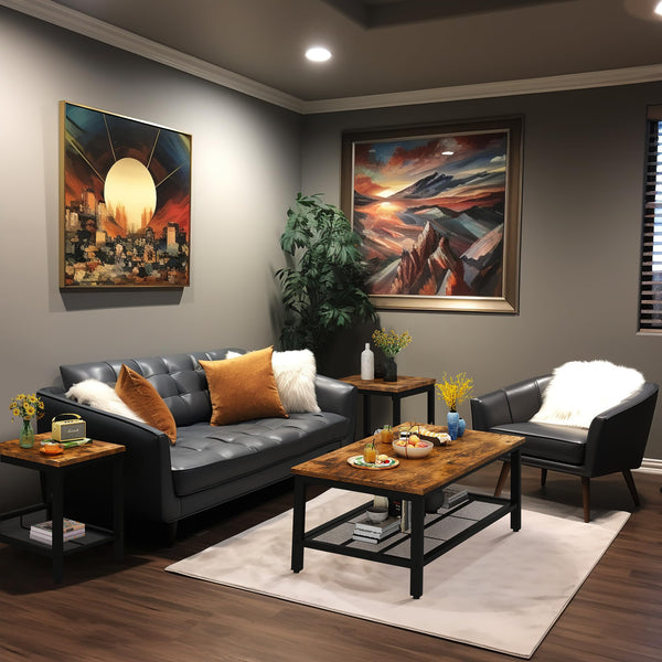 3-Piece Coffee Table and End Table Set – Rustic Brown Wood & Metal