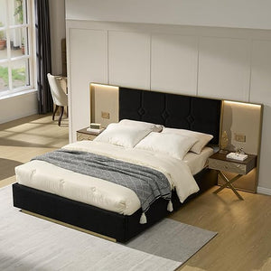 Queen Bed Frame with LED Lights, Charging Ports & Nightstands