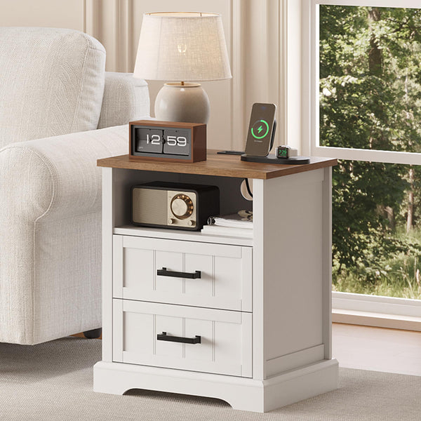 Farmhouse Nightstand Set of 2 with Charging Station & 2 Drawers
