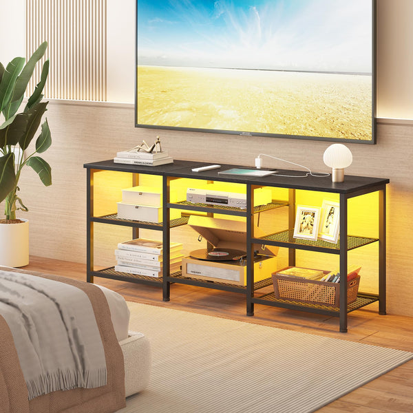 47.2" Metal & Wood TV Stand with Power Outlet, LED Lights & Open Storage Shelves