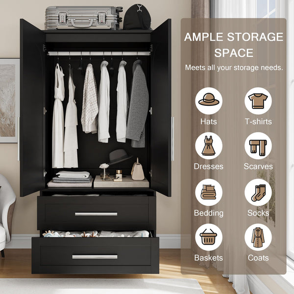 Freestanding Wooden Wardrobe with 2 Doors & 2 Drawers
