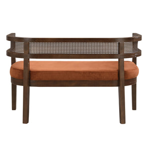 Fabric Upholstered Loveseat with Rattan Backrest & Rubberwood Frame