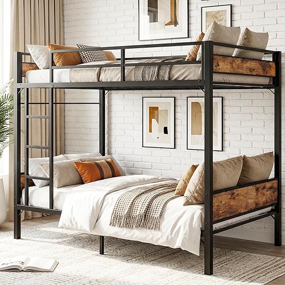 Twin Over Twin Metal Bunk Bed with Clothes Rail & Guardrail