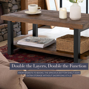42-Inch Rectangular Solid Wood Coffee Table with Storage Shelf