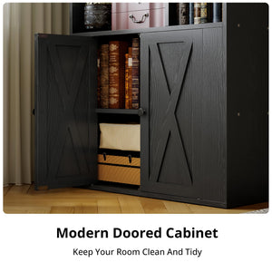 Tall Bookcase with Doors & 8 Open Cubes – 4-Tier Storage Shelf