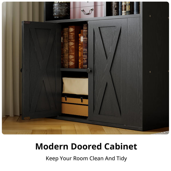 Tall Bookcase with Doors & 8 Open Cubes – 4-Tier Storage Shelf