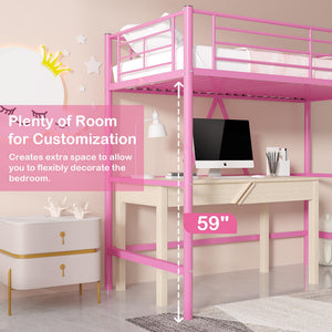 Twin Size Metal Loft Bed with Ladder & Guardrail