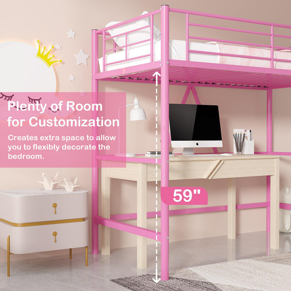 Twin Size Metal Loft Bed with Ladder & Guardrail