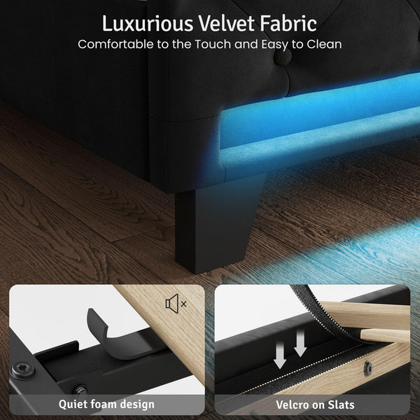 Upholstered Velvet Platform Bed Frame with LED Lights & Charging Ports