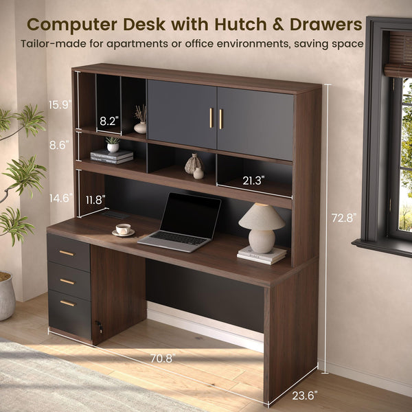 Electric Standing Desk & Executive Desk Set with Hutch & Drawers