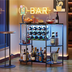 3-Tier Wine Bar Cabinet with LED Lights, Glass Holder & 12-Bottle Storage
