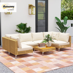 7-Piece Wicker Outdoor Sectional Patio Set with Cushions & Acacia Wood Table