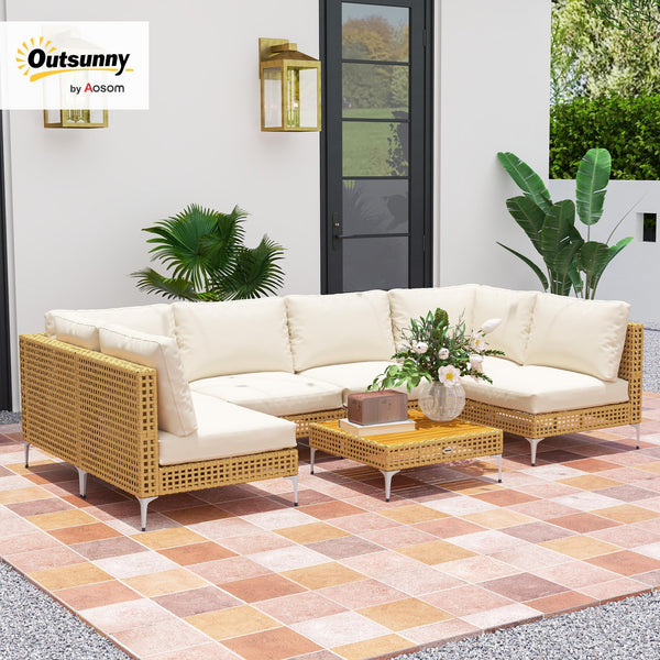 7-Piece Wicker Outdoor Sectional Patio Set with Cushions & Acacia Wood Table